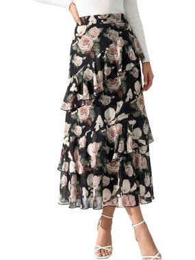 Women's Boho Flowy Black2 Maxi Skirt Flared Ruffle A Line Spring Long Skirts